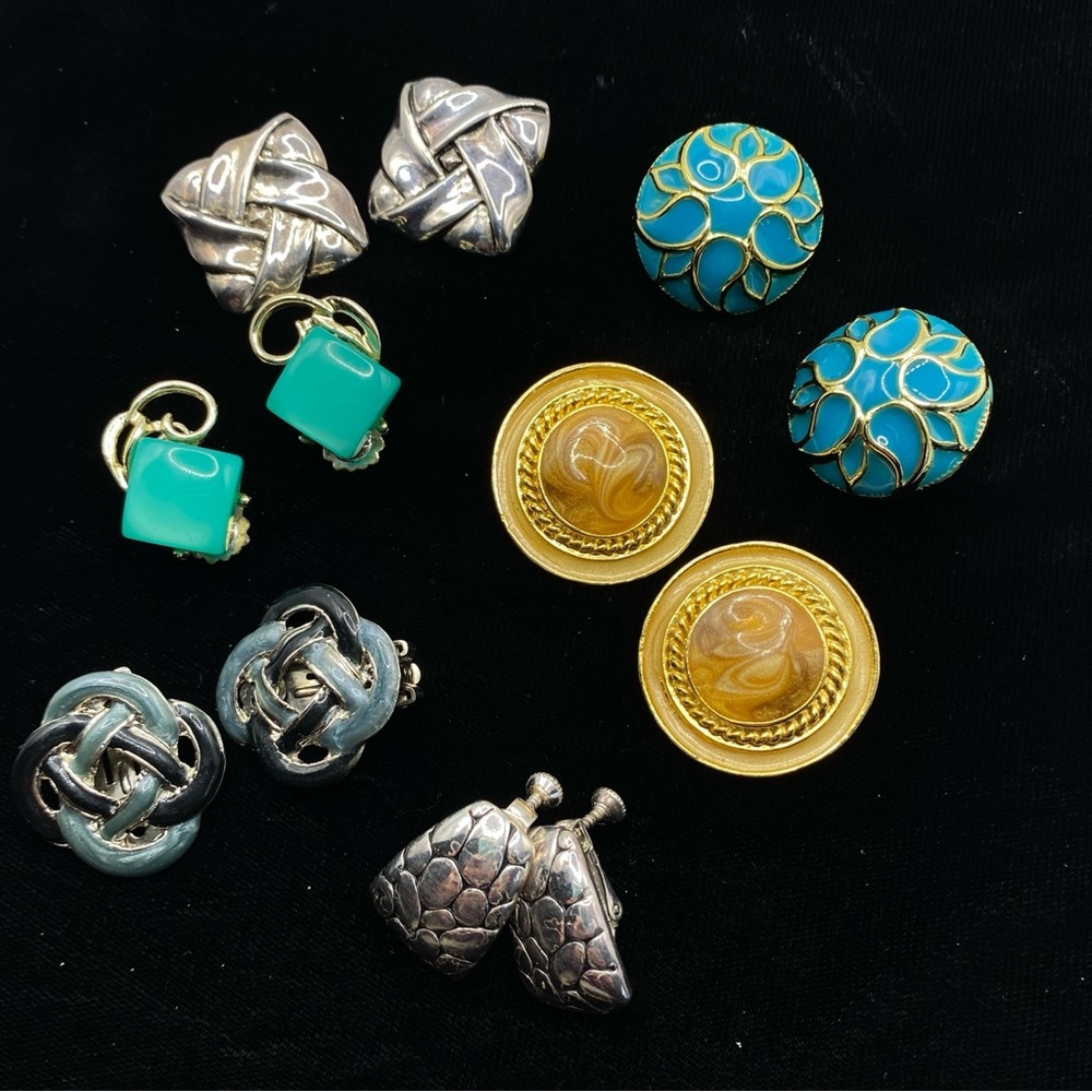 Vintage Clip On Earrings Silver & Gold Lot of 6  Retro Button Style Granny Core
